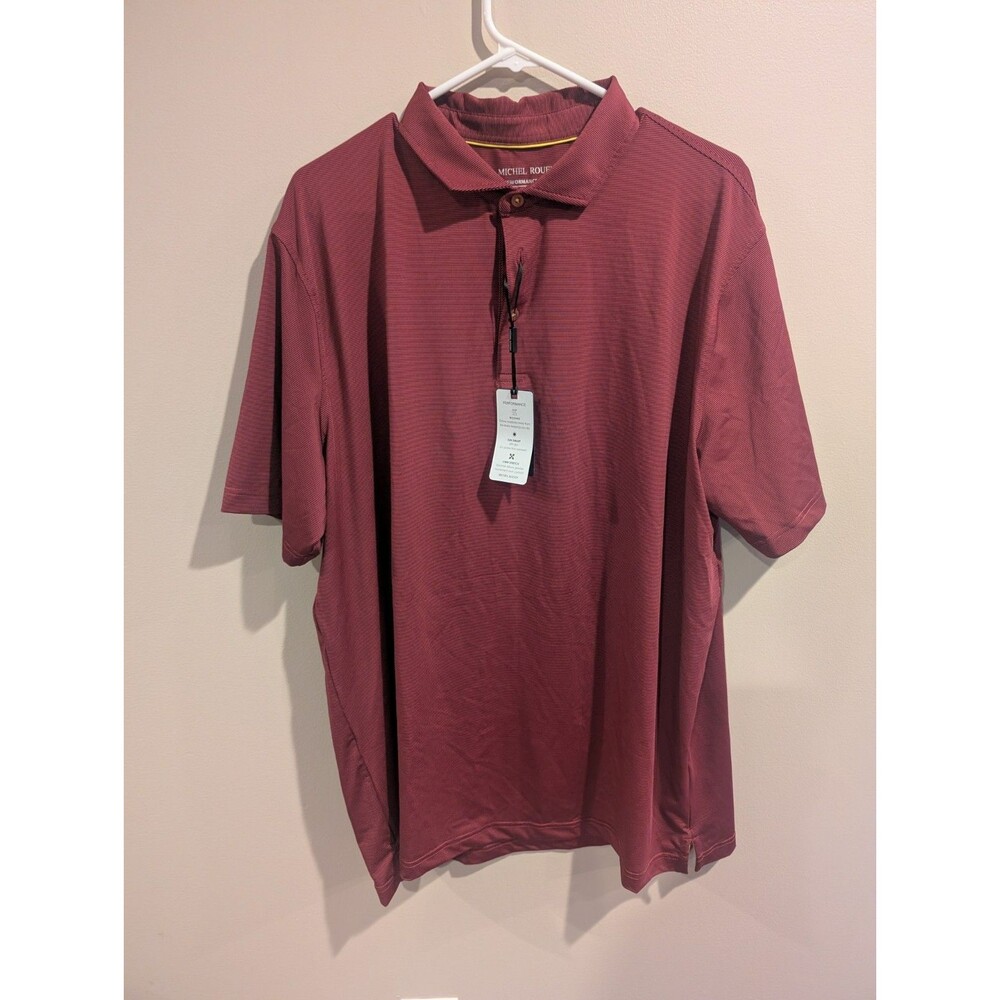 NWT Michel Rouen 2XL Polo Shirt Men Red Burgundy Stripe Performance Stretch Golf